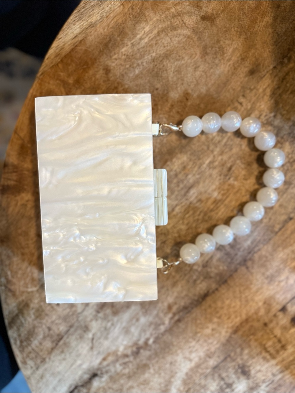 Pearl White Beaded Handle Jewelry Clutch